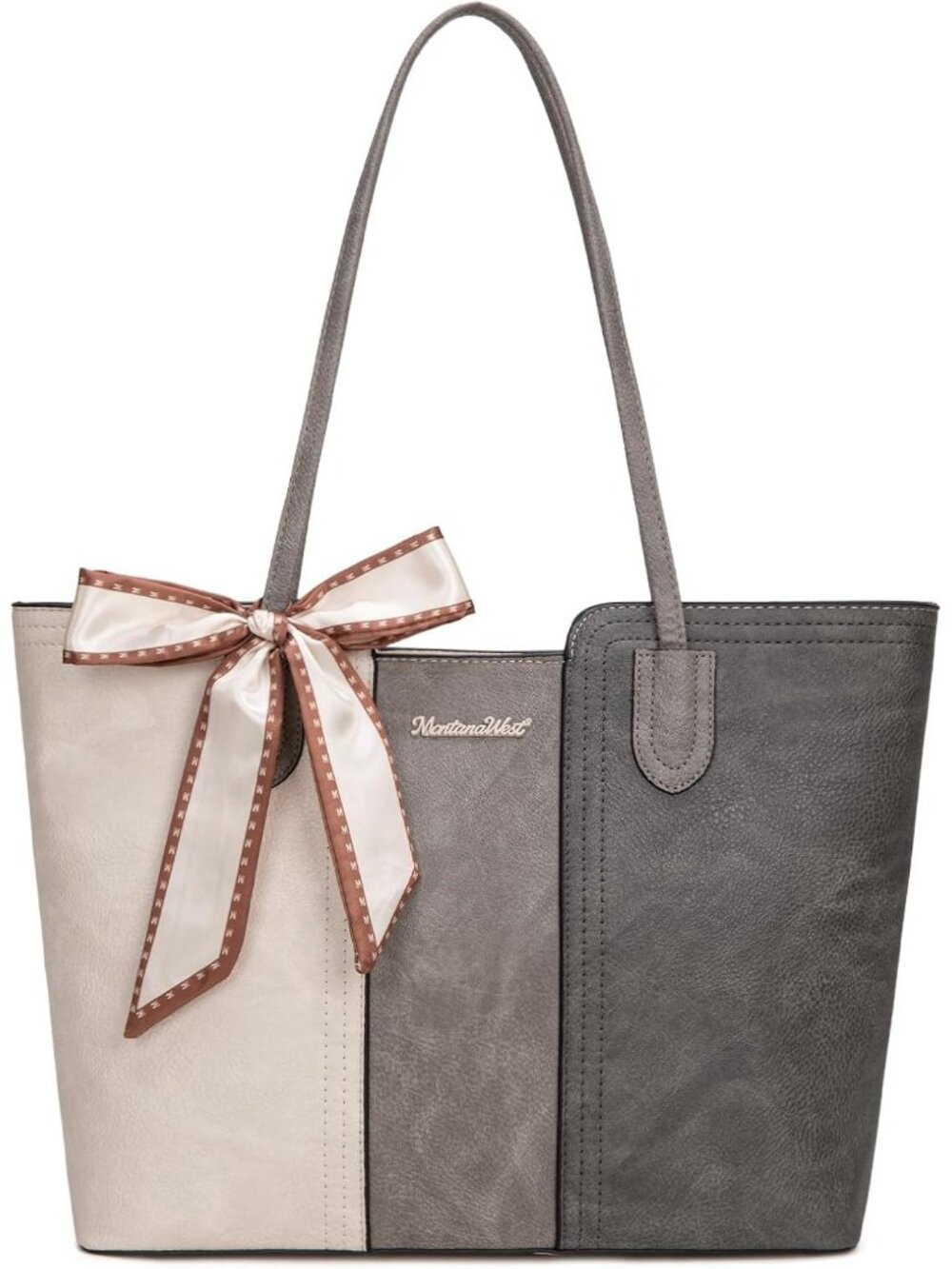 Montana West Women's Beige Grey Vegan Leather Top Zipper Handle Satchel Purses - Picture 1 of 6